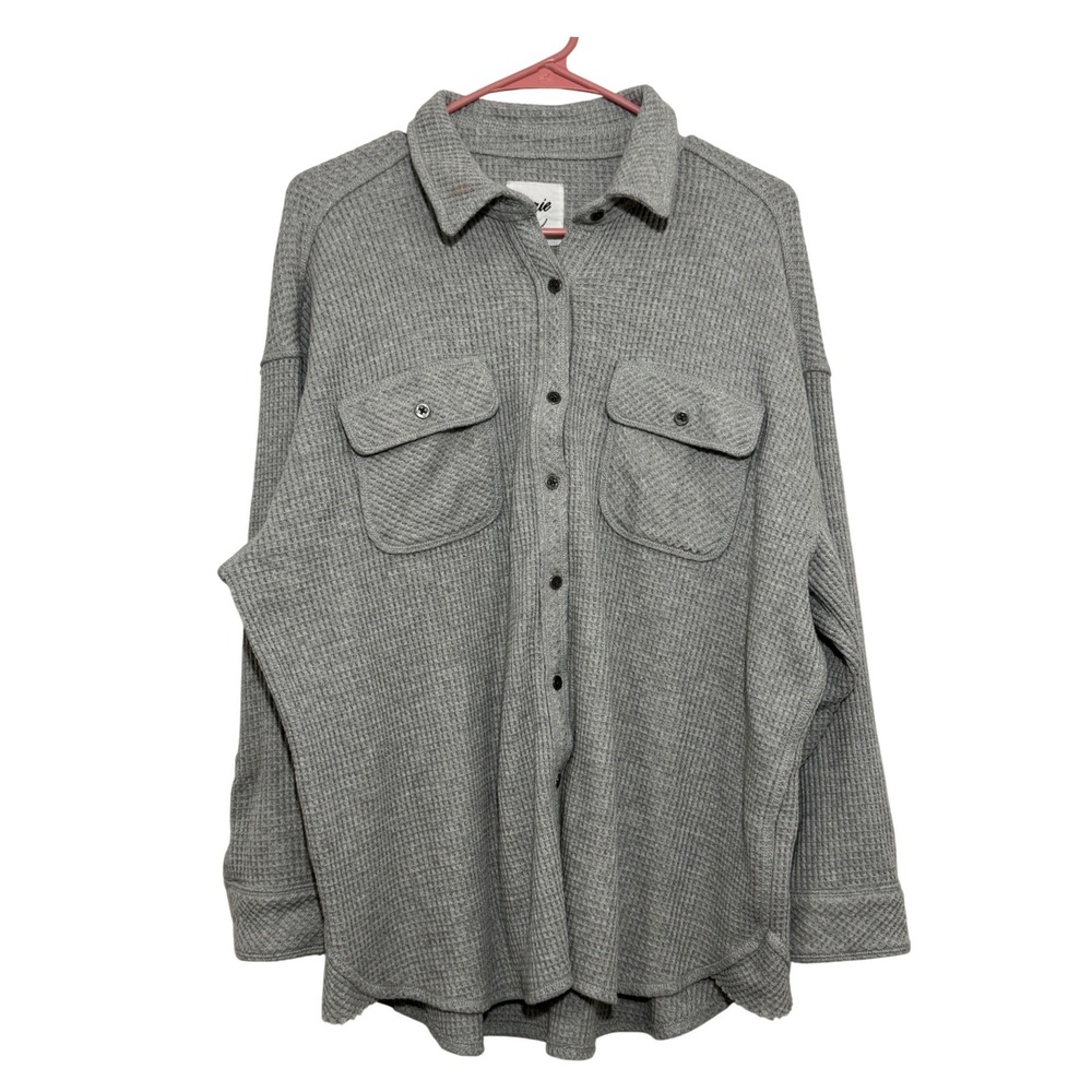 Aerie Women Gray Waffle Knit Shacket Oversized Button Down Shirt Jacket Small